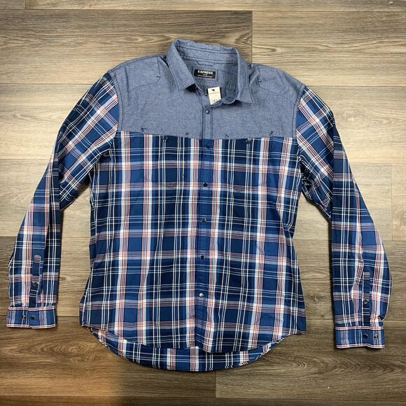 Express Shirt Mens XL Chambray Plaid Western Snap Red White Blue Cowboy Preppy - Picture 1 of 6